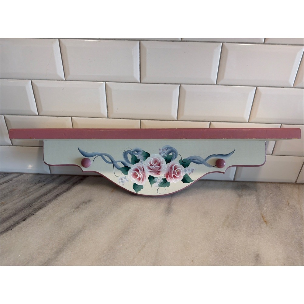 Vintage Cream/mauve Hand Painted Floral Wooden Wall Shelf 21"Cottagecore Decor